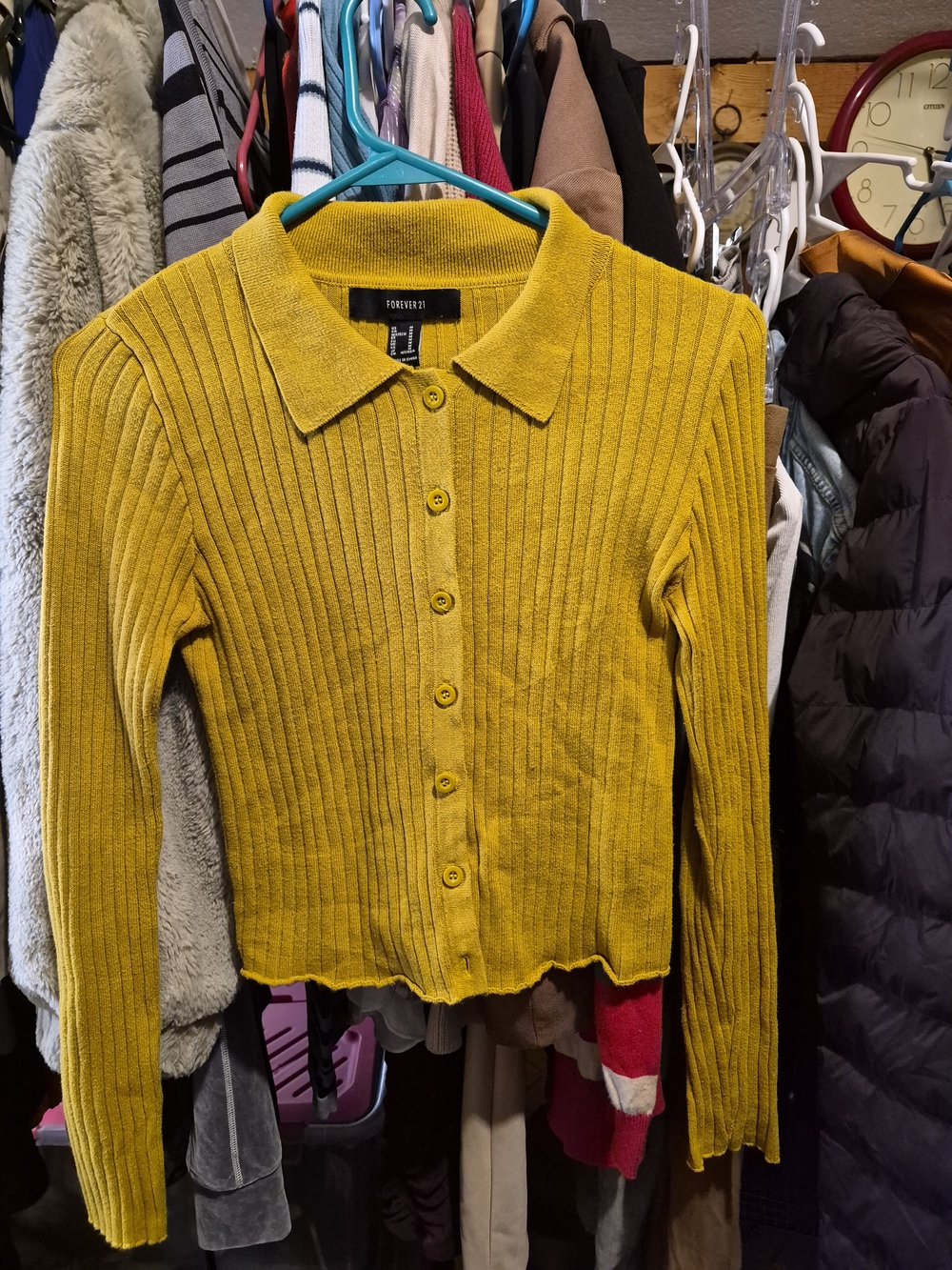 Forever 21 Mustard Ribbed Button Cardigan with Collar